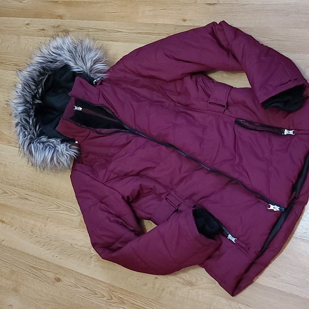 Free Country puffer coat w removable zipper fur hoodie maroon color size small - Picture 6 of 12